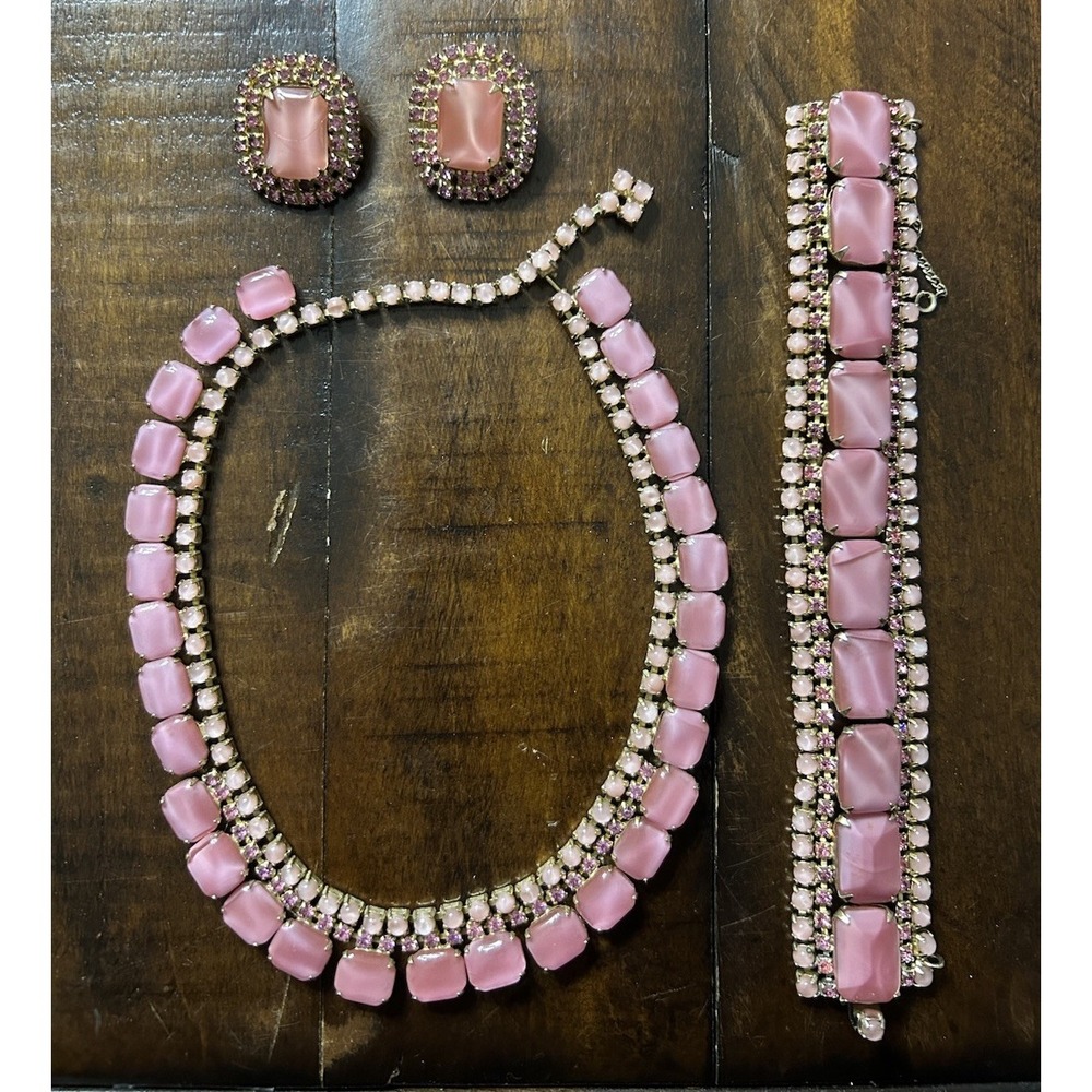 Vintage Pink Rhinestone Moonglow Cabochon Set Necklace Bracelet Earrings